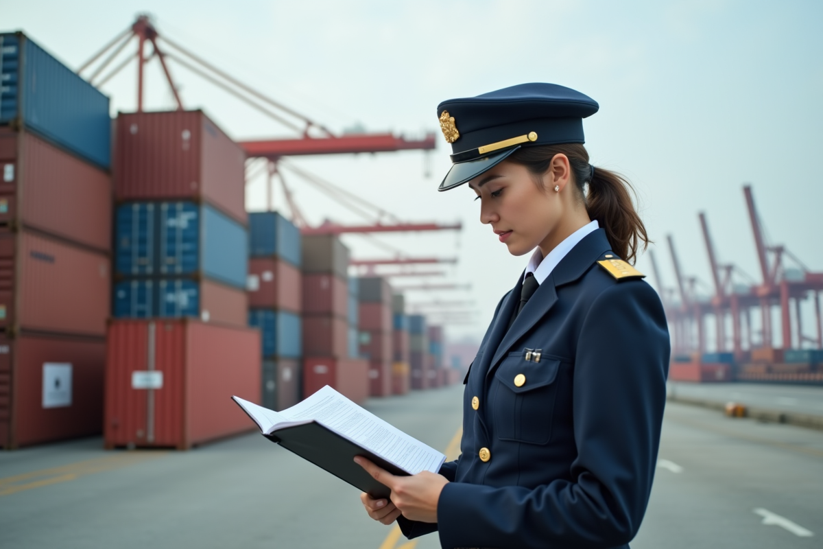 Agent douane femme vérifiant un registre de containers