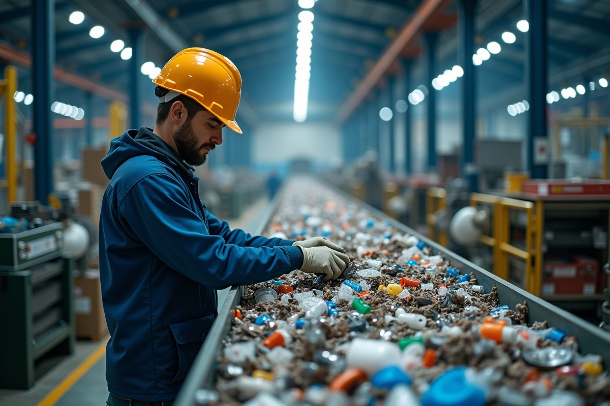 Ouvrier inspectant une chaîne de tri de matériaux recyclés dans une usine moderne