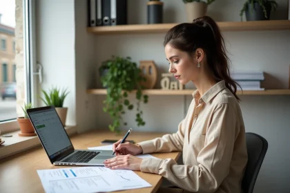 Jeune entrepreneuse consultant des documents sur les aides à la création d'entreprise comme l'ACRE à son bureau à domicile