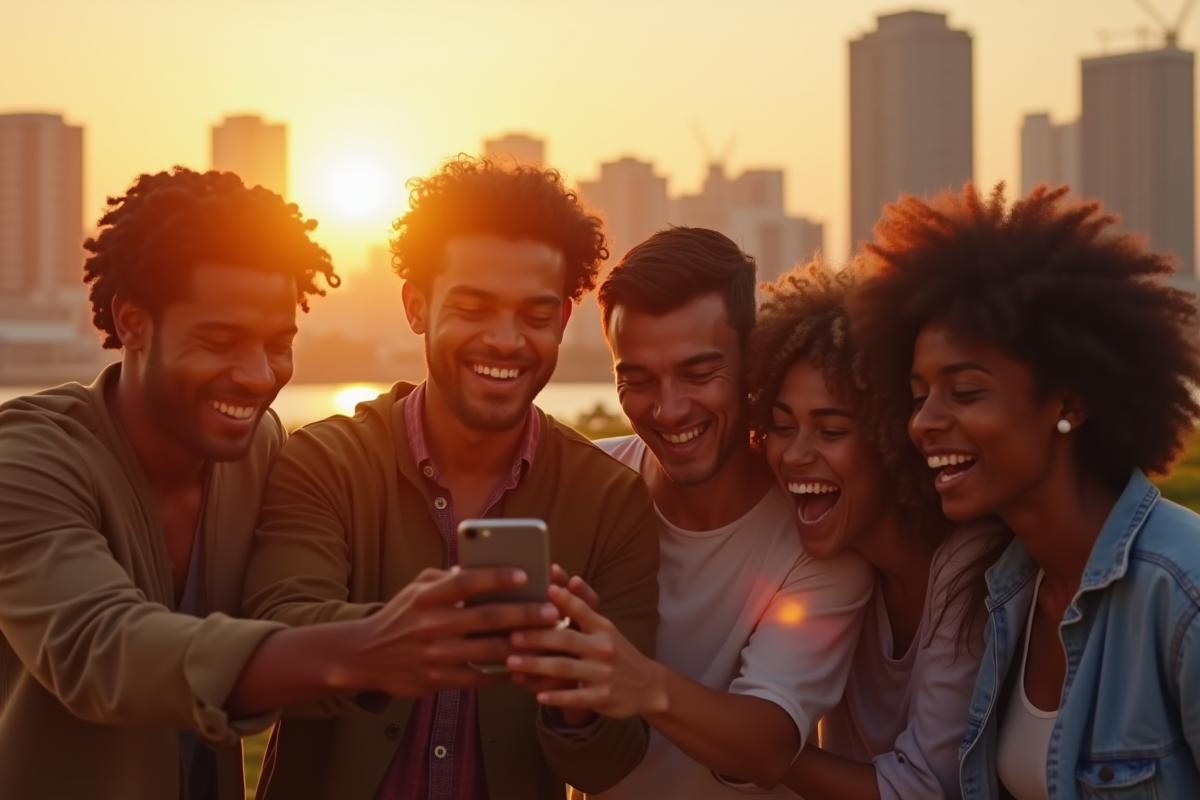 Amis heureux regardant un reel Instagram au coucher du soleil