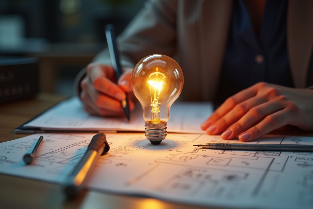 Ampoule lumineuse au-dessus de plans et outils de conception