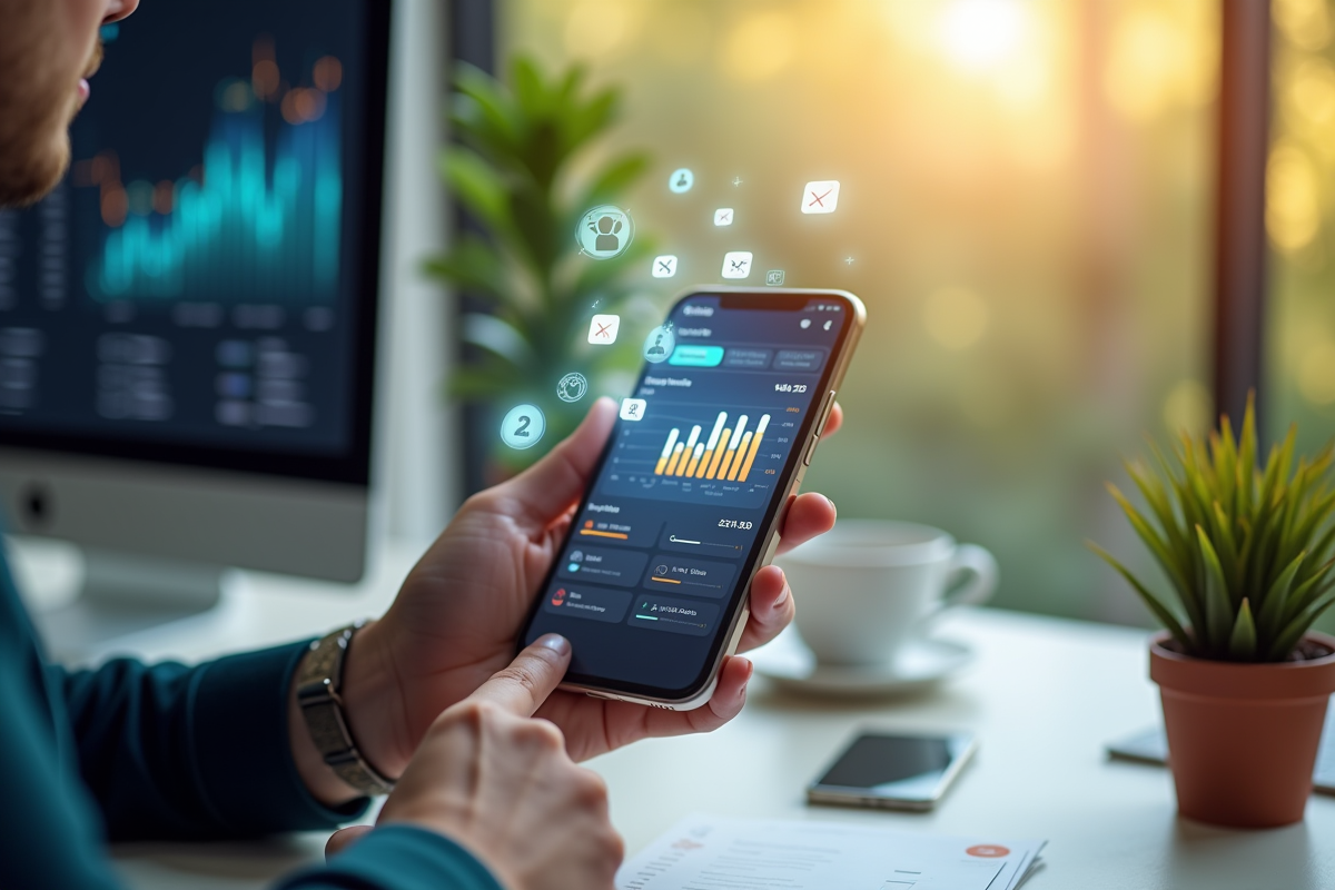 Mains tenant un smartphone avec analytics sociaux dans un espace lumineux