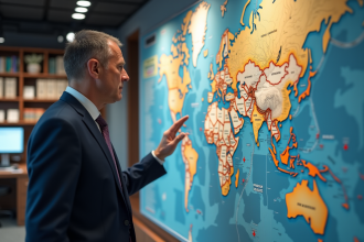 Analyste en costume devant une carte du monde avec données