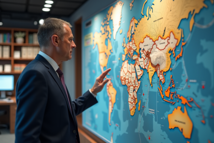 Analyste en costume devant une carte du monde avec données