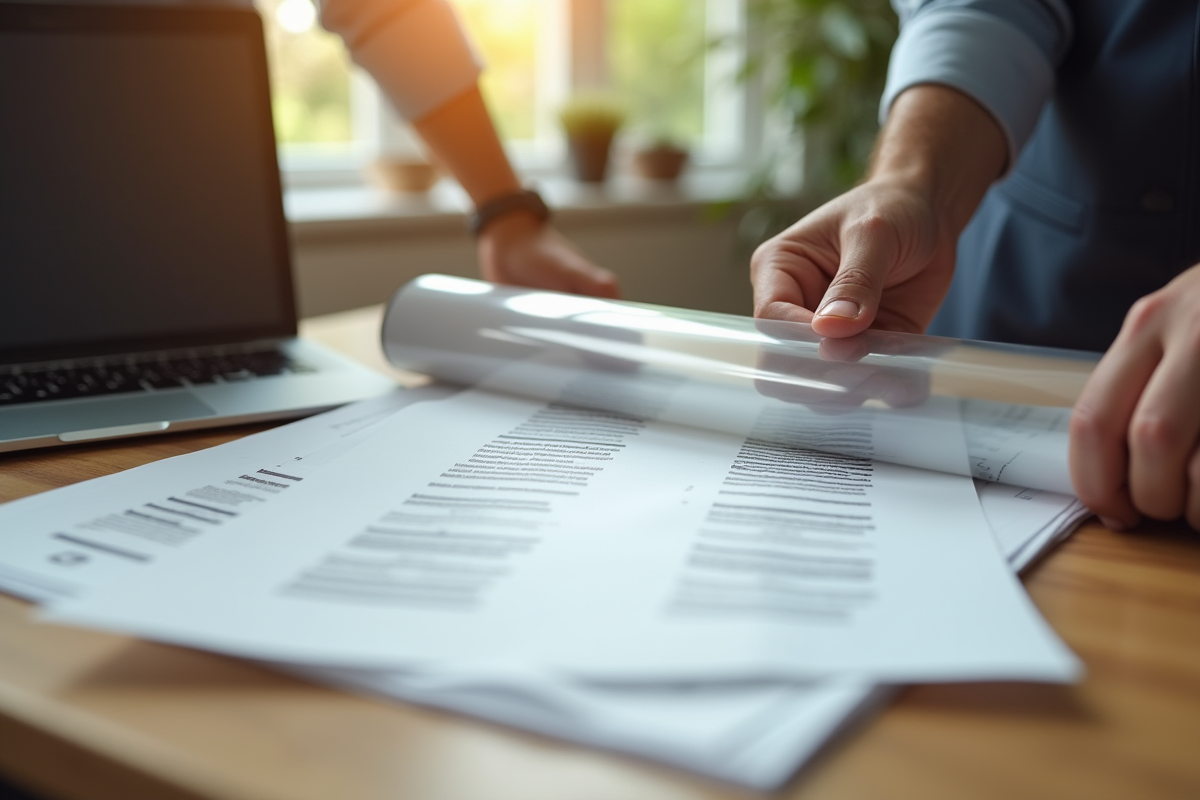 Personne appliquant un film protecteur sur un document imprimé