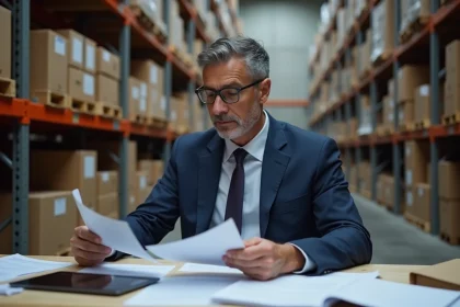 Auditeur homme en costume navy examine documents d'inventaire