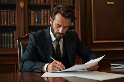 Avocat en costume noir dans un bureau fran&ccedil;ais &eacute;l&eacute;gant