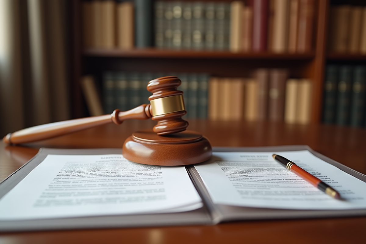 Un marteau de juge et contrats sur un bureau en bois