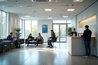 Intérieur d'un bureau administratif français lumineux avec des personnes remplissant des formulaires