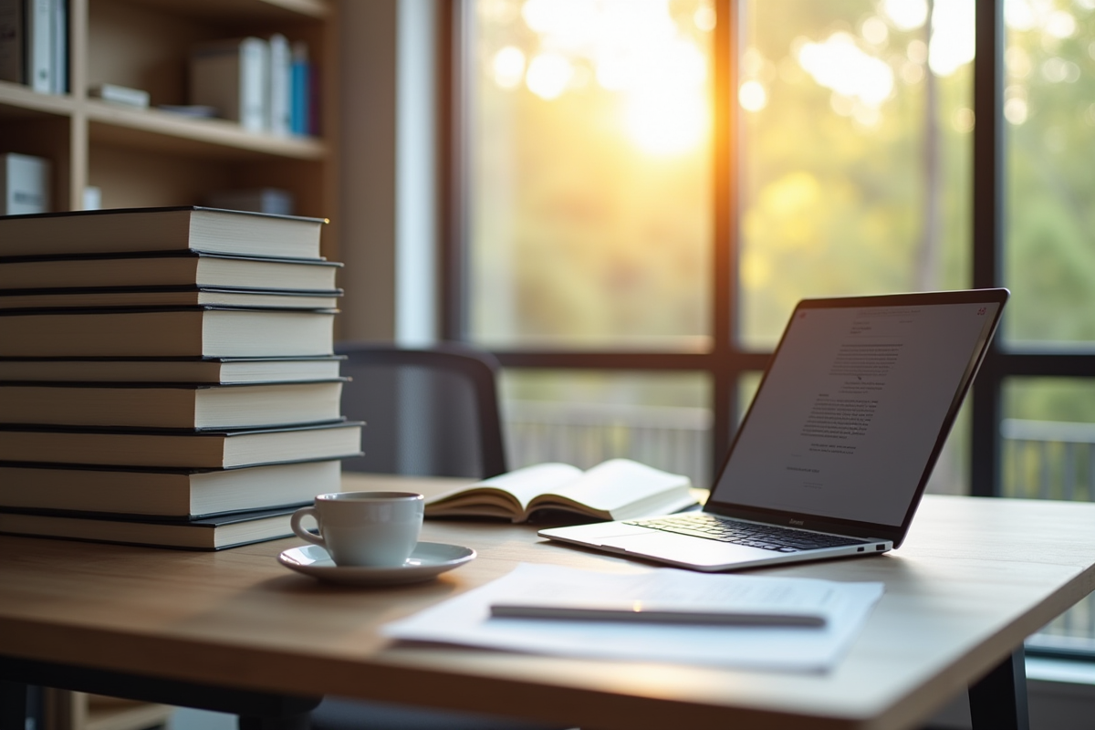 Bureau moderne avec livres de droit et ordinateur portable
