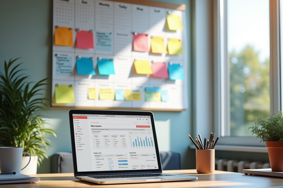 Espace de travail organisé avec calendrier et tableau de bord de gestion
