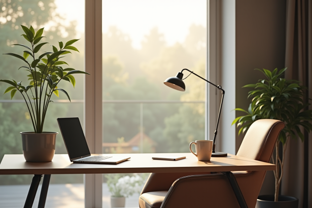Bureau moderne avec ordinateur et plante lumineuse