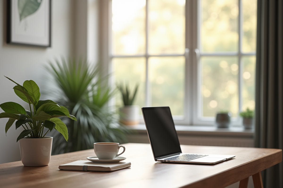 Bureau moderne avec ordinateur et plante dans un espace lumineux