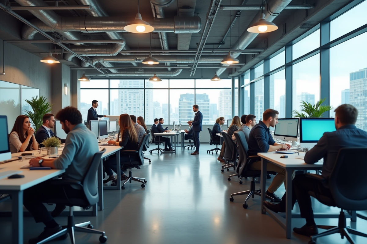 Équipe diversifiée collaborant dans un bureau moderne lumineux