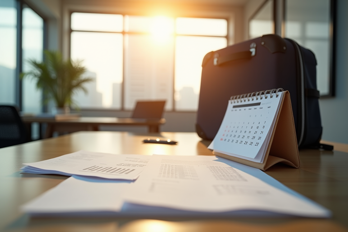 Bureau avec calendrier et valise symbolisant les jours de congé