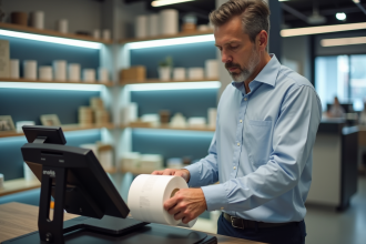 Caissier en train de changer le rouleau de papier en caisse