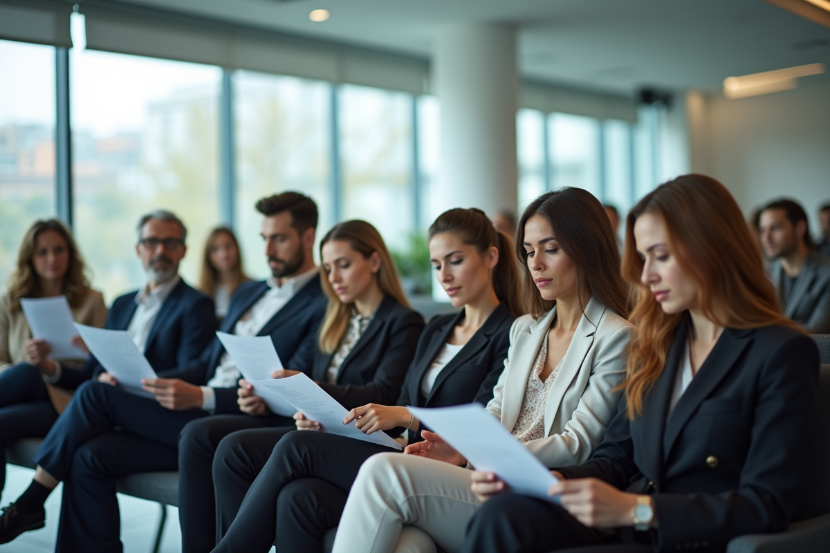 Groupe de candidats diversifiés attendant dans une salle lumineuse