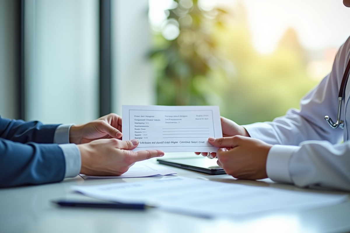 Médecin remettant un certificat médical à un patient dans un bureau lumineux