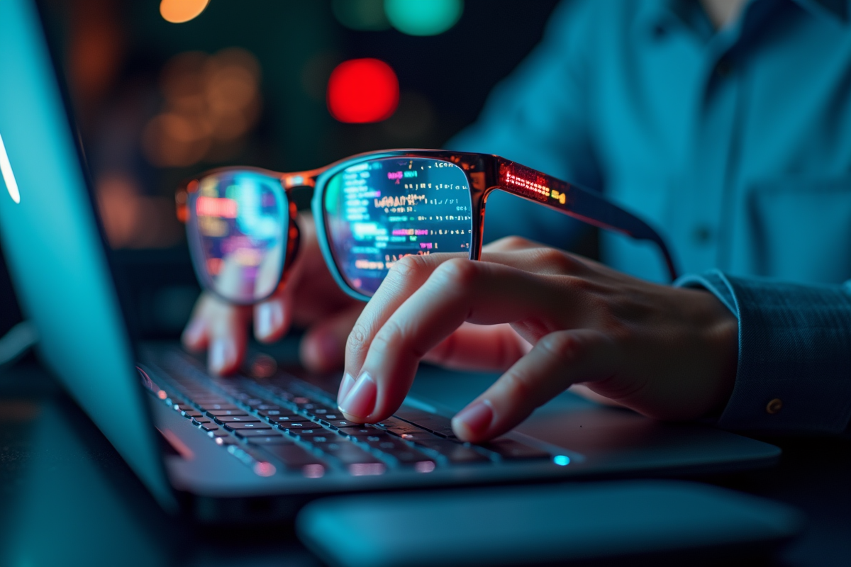 Mains tapant sur un clavier avec reflet de code dans des lunettes