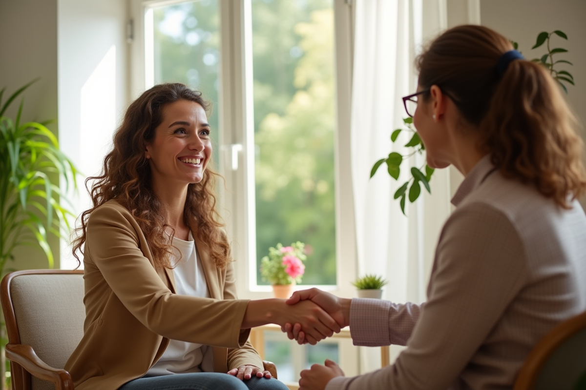Coach de bien-être accueillant un nouveau client dans une salle lumineuse
