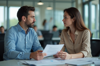 Deux collègues en réunion dans un bureau moderne