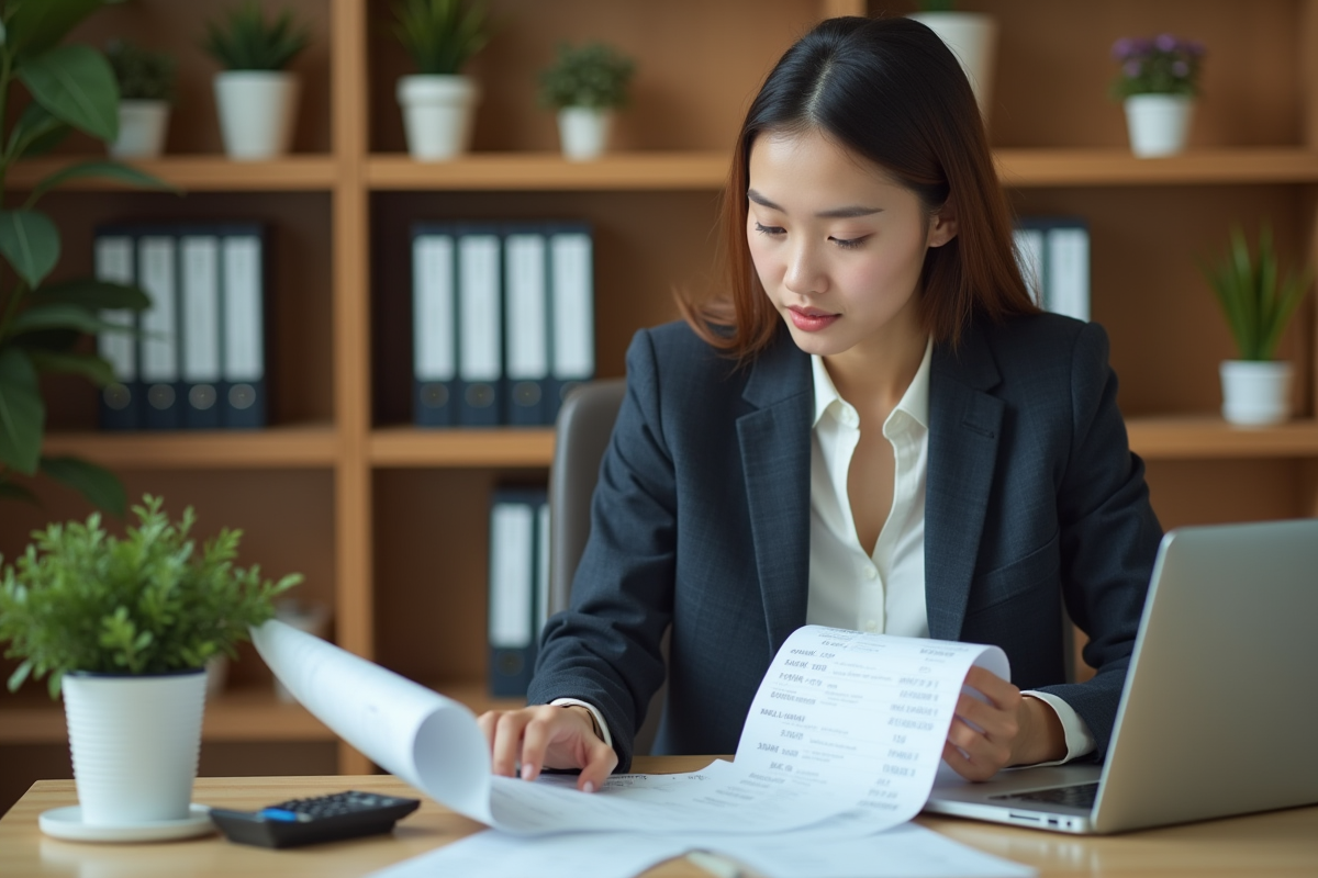 Jeune femme comptable vérifiant un reçu au bureau