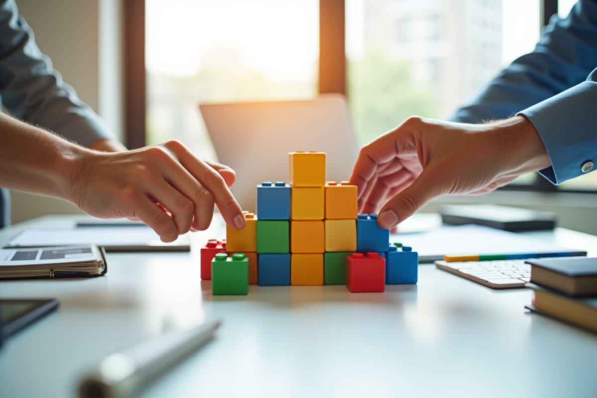 Mains assemblant des blocs pour symboliser la croissance d