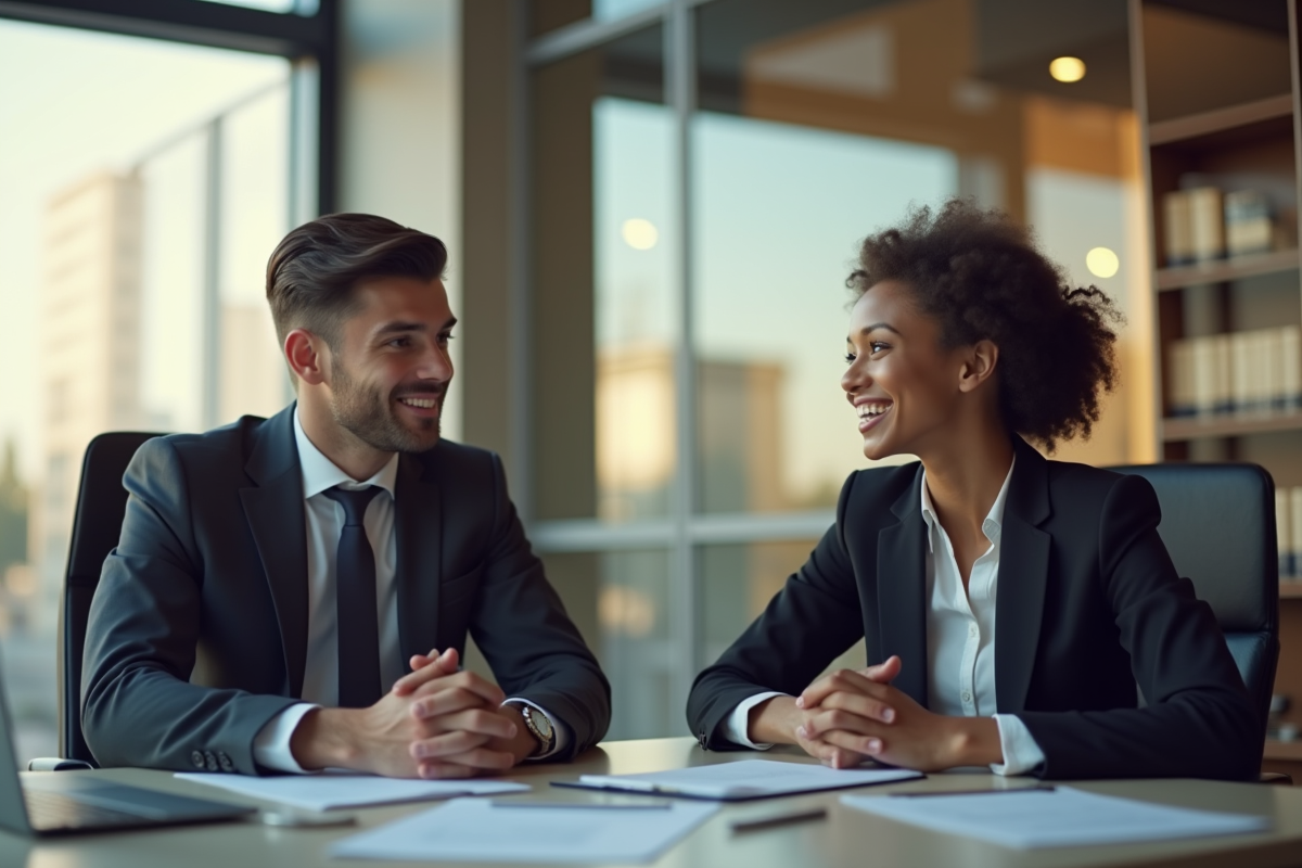 Jeune professionnel consulté par un avocat dans un bureau moderne