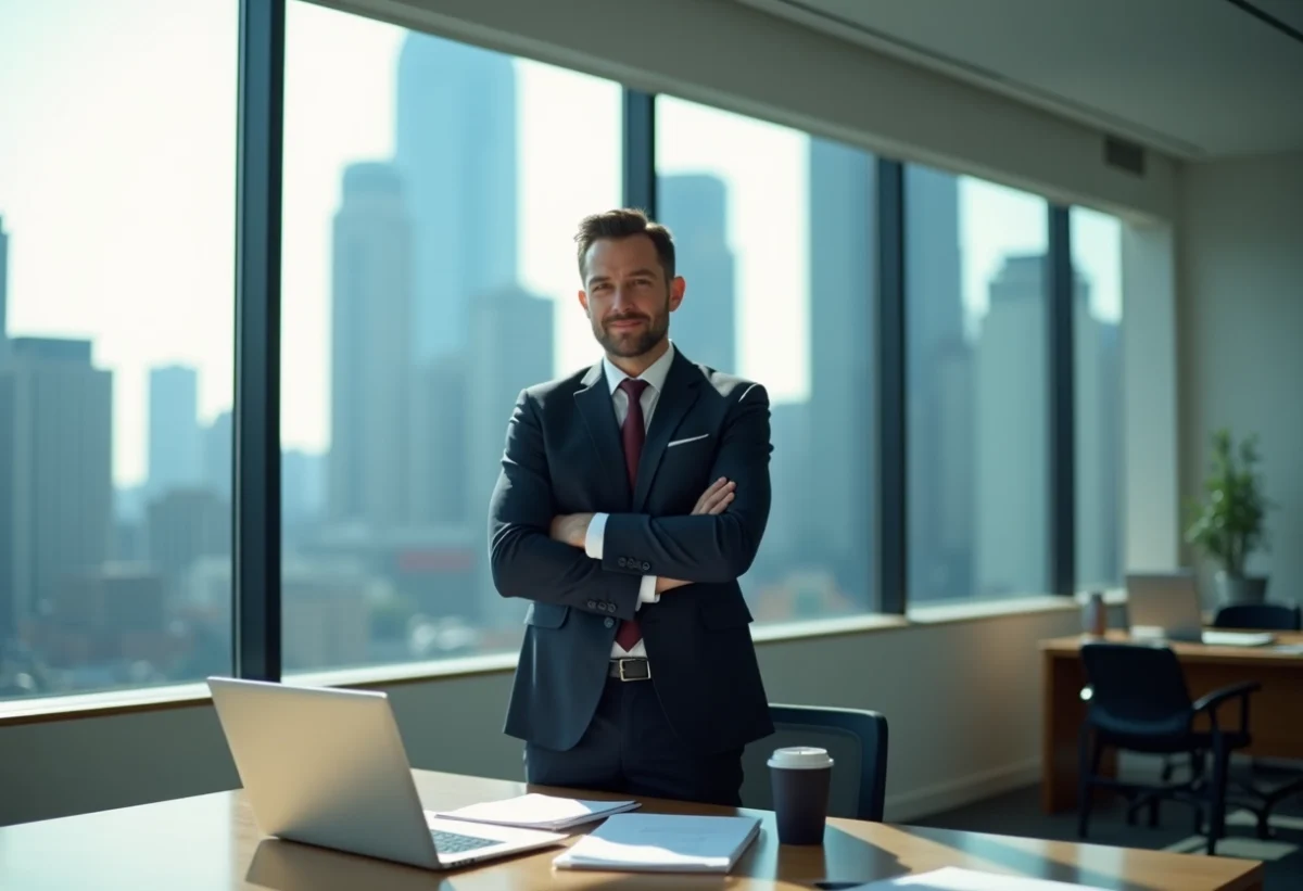 Directeur confiant dans un bureau moderne avec skyline