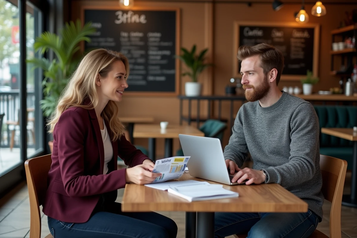 Deux entrepreneurs discutant des options de financement et des aides à la création comme l'ACRE autour d'un café