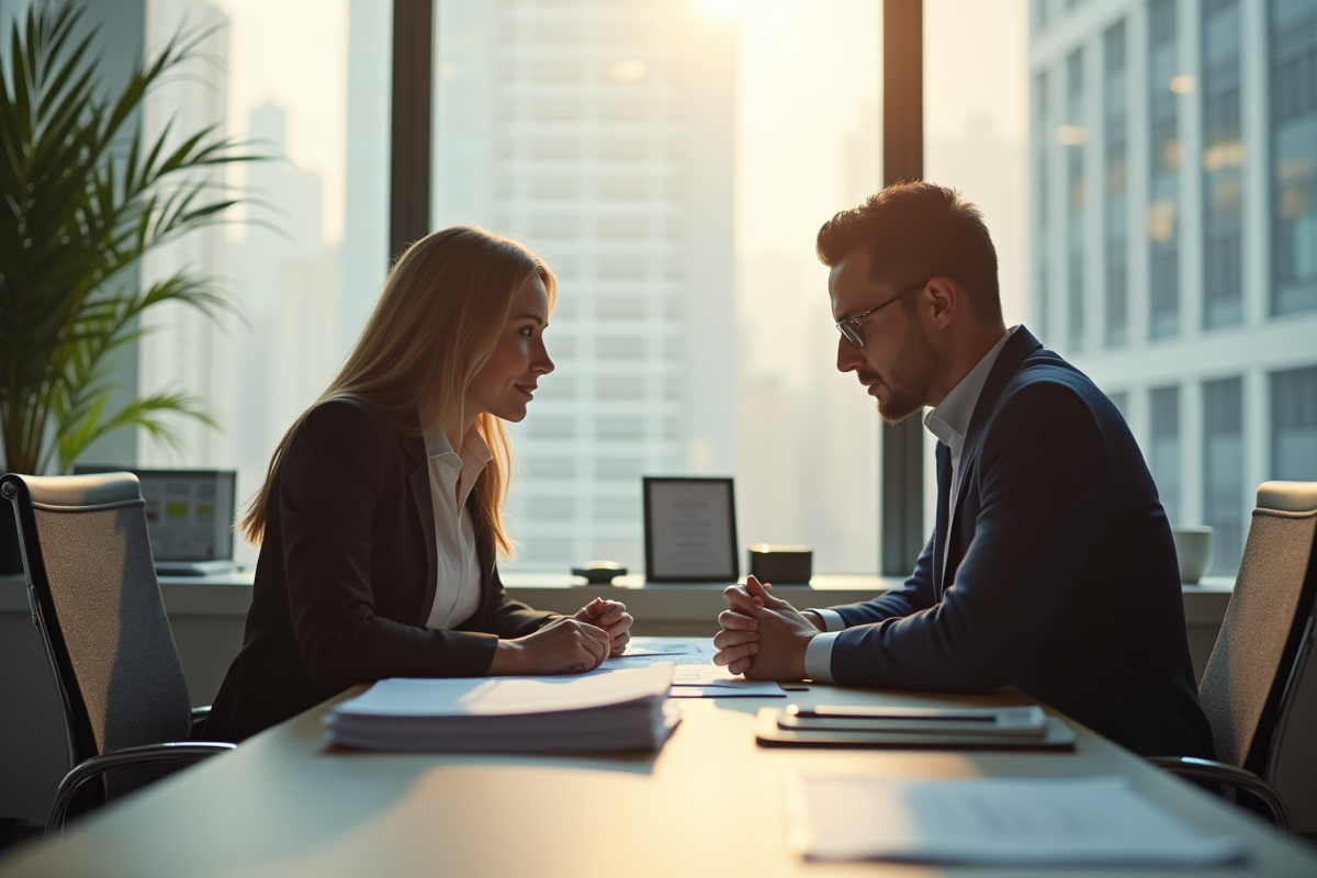Professionnels discutant de démission au bureau lumineux