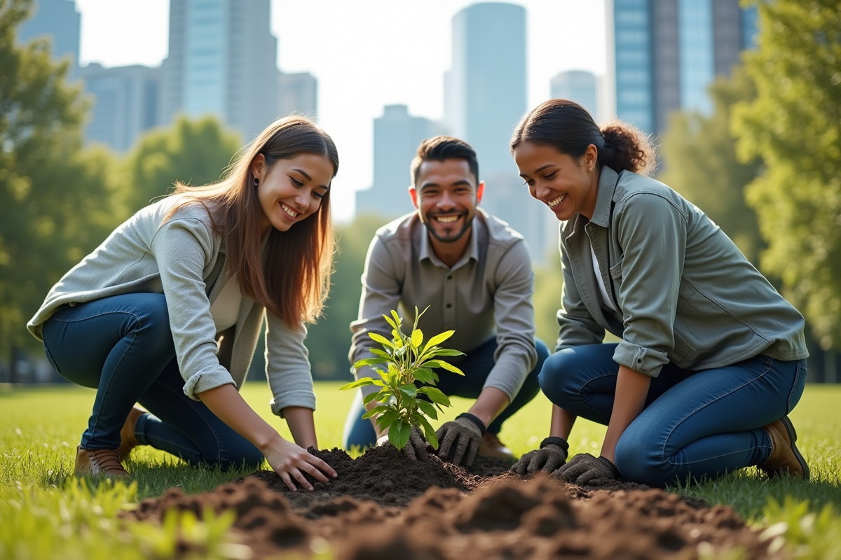 Employes écoconscients plantant des arbres en ville
