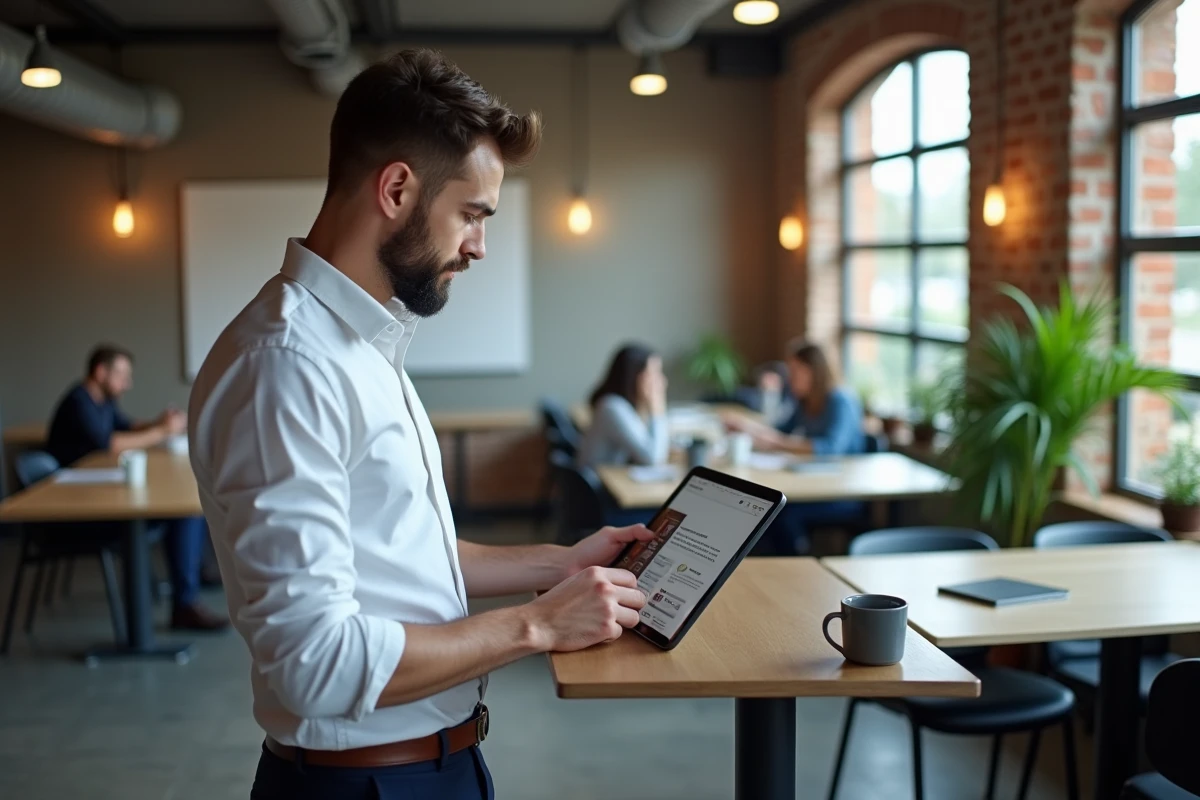 Jeune entrepreneur debout dans un espace de coworking consultant les dispositifs d'aide à la création d'entreprise sur une tablette