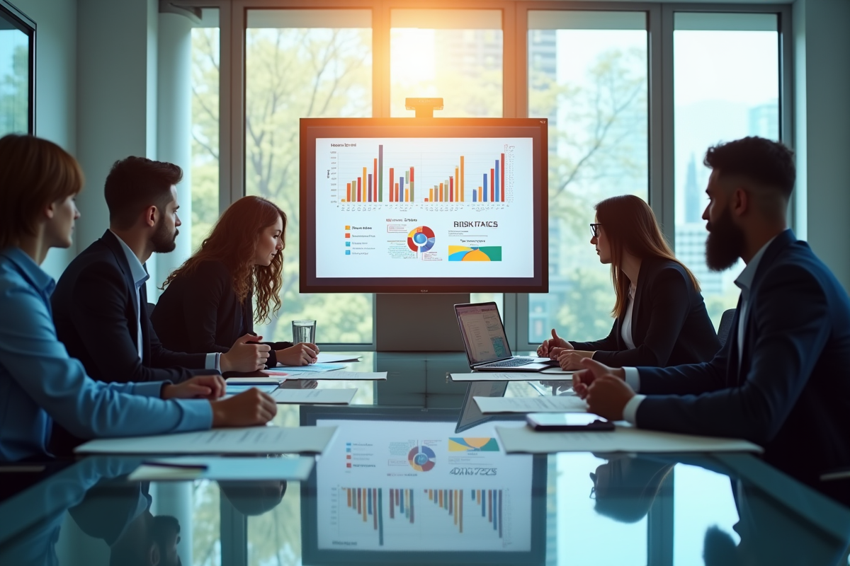 Groupe de professionnels autour d'une table avec matrice GE