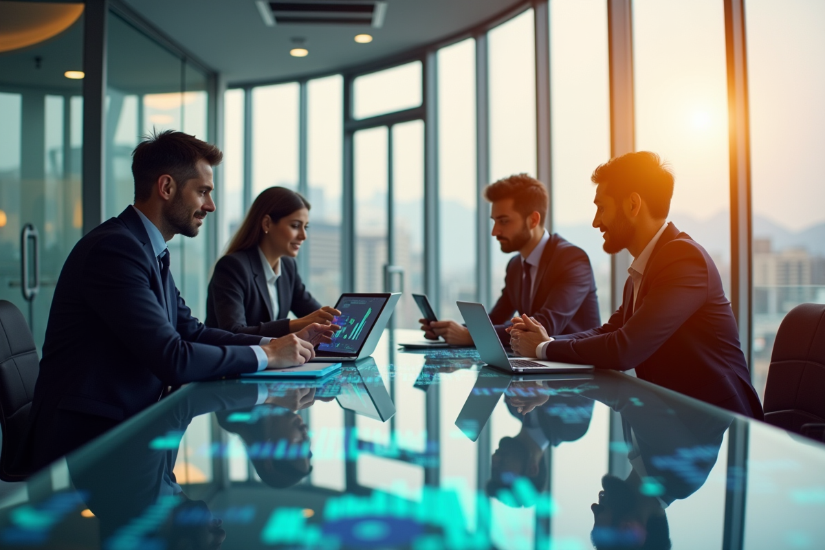 Équipe d'affaires collaborant autour d'une table moderne analysant des graphiques