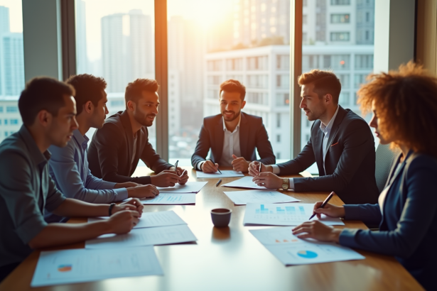 Groupe de professionnels en réunion dans un bureau lumineux