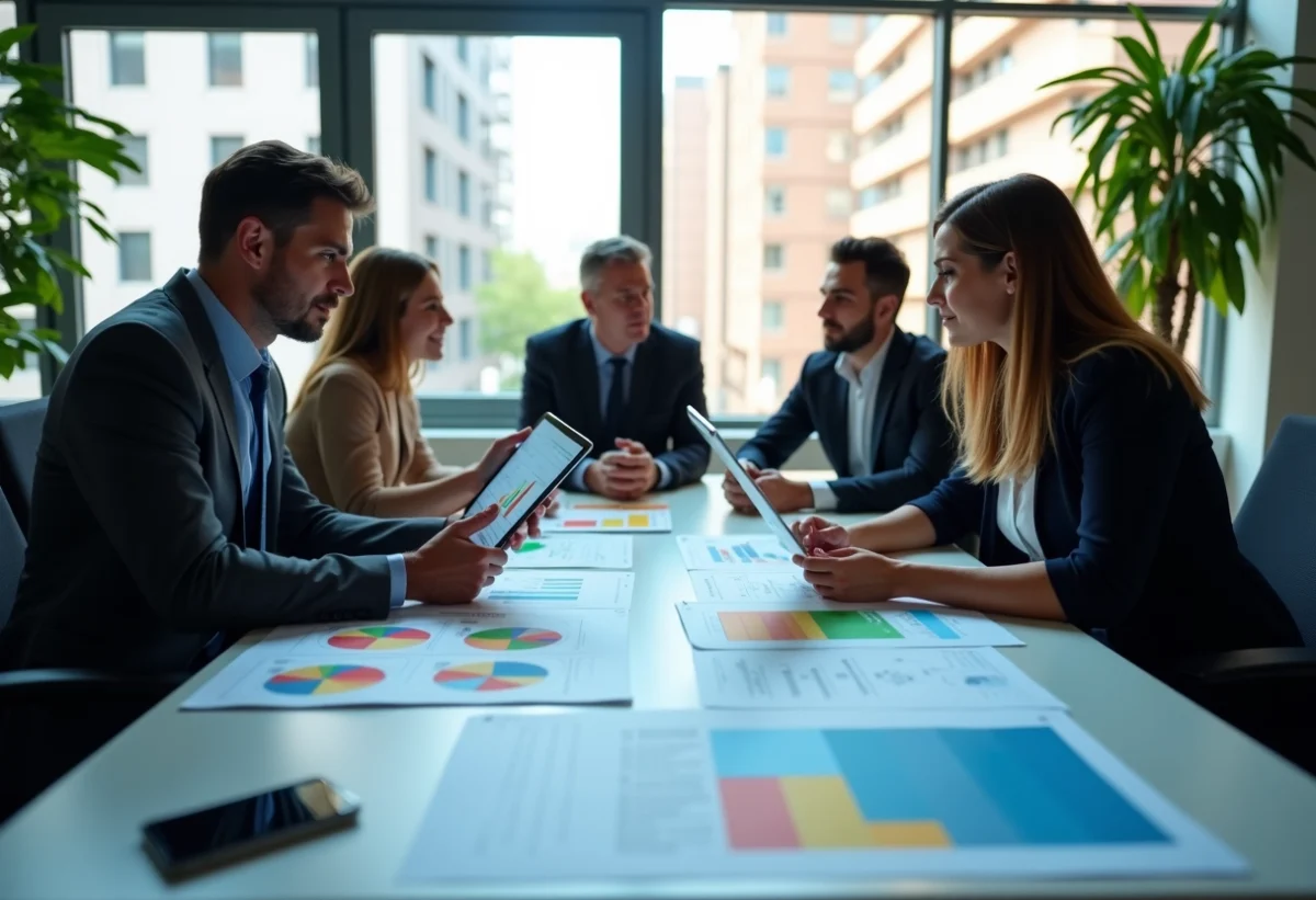 Équipe d'experts analysant des graphiques d'énergie modernes