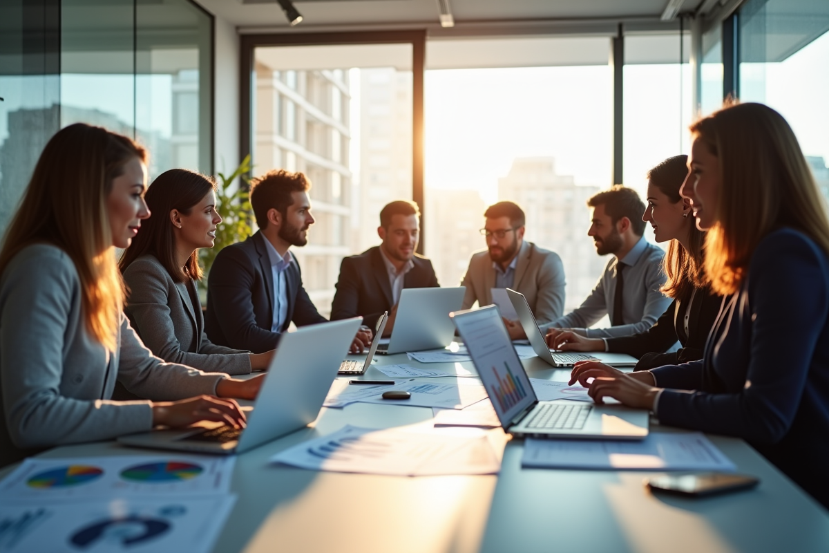 Groupe de professionnels analysant des rapports SEO en réunion