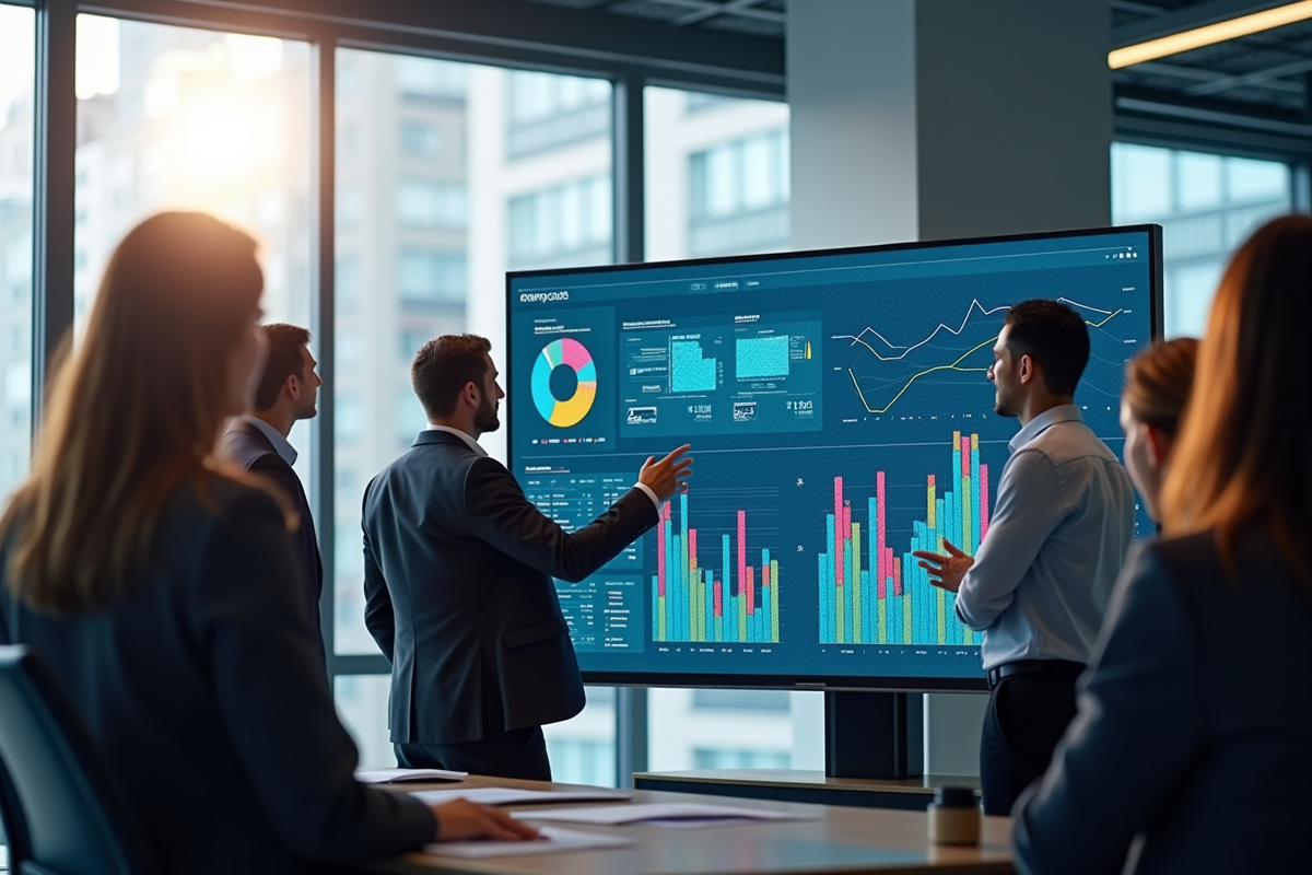 Groupe de professionnels en réunion avec graphiques analytiques