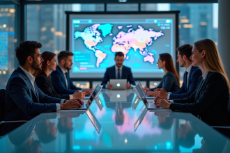 Groupe de professionnels analysant des données dans un bureau moderne