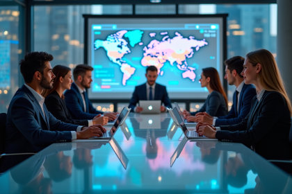 Groupe de professionnels analysant des données dans un bureau moderne