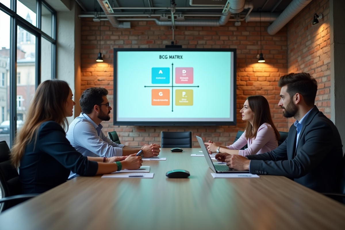 Groupe de professionnels discutant autour d une matrice BCG projetée