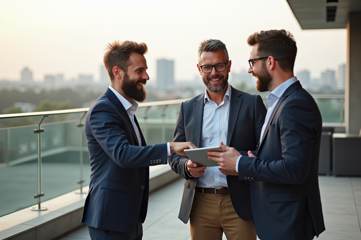 Groupe de collègues en discussion en extérieur