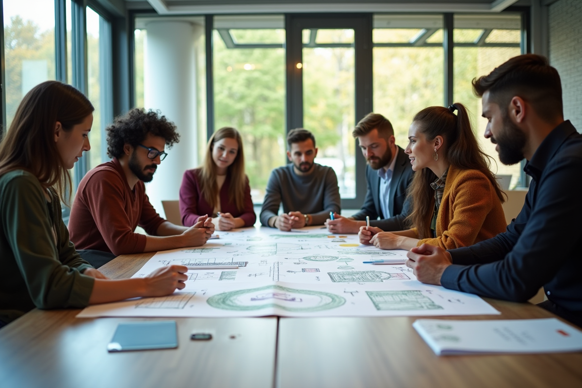 Équipe de professionnels discutant autour d'une table avec matériaux recyclés