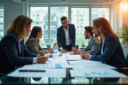 Groupe de professionnels dans un bureau moderne en réunion