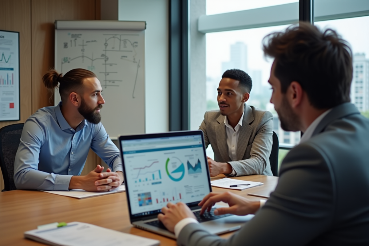 Groupe de collègues en réunion discutant autour d