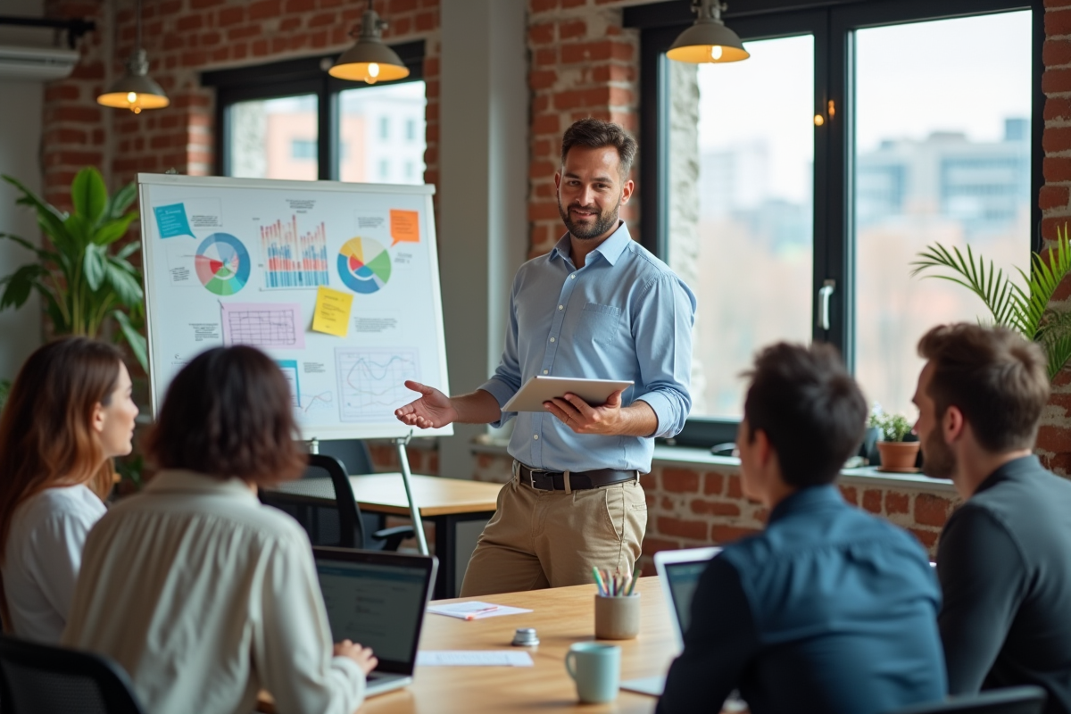 Homme expliquant des stratégies à une équipe en coworking