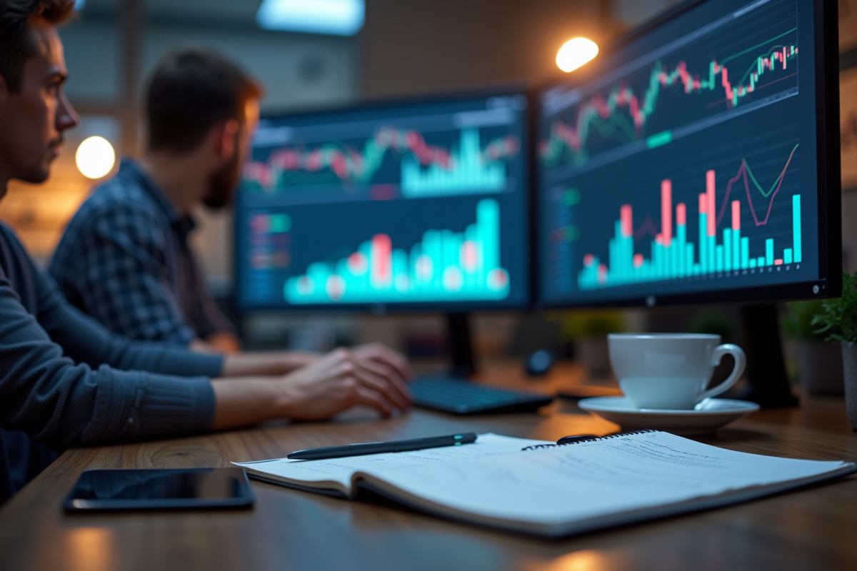 Espace de travail créatif avec graphiques et statistiques publicitaires