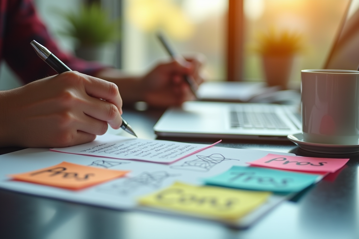 Espace de travail moderne avec notes et café pour réfléchir