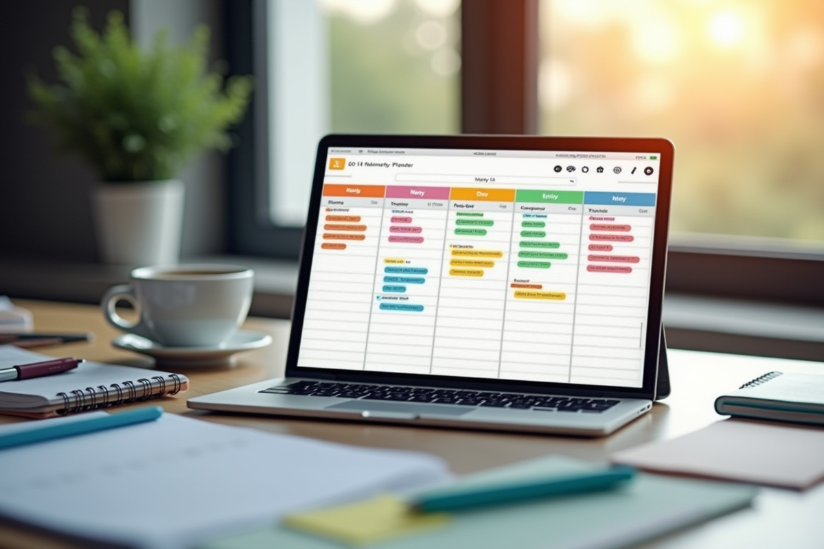 Espace de travail moderne avec planner digital et soleil
